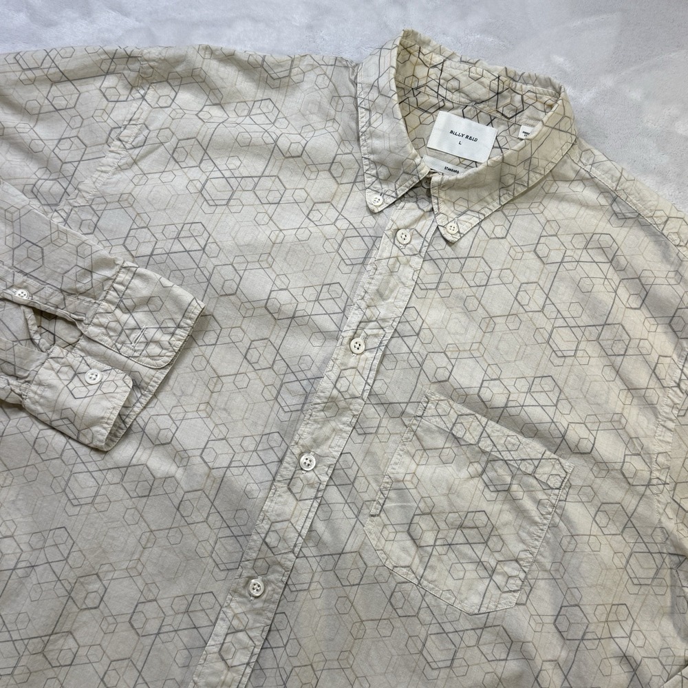 Billy Reid Standard Italy Made Geometric Button Shirt Mens Large Beige L/S